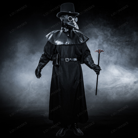 Plague Doctor with Bird Beak Mask & Top Hat Full Costume Set - Black Silver - Picture 3 of 5